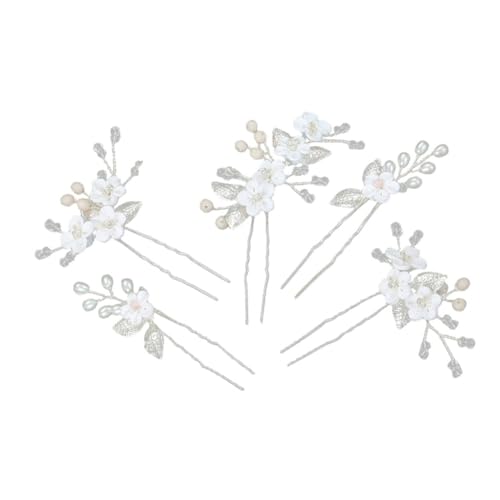 Beaupretty 5 Stück Braut Haarnadeln mit Weißen Keramikblumen und Silbernen Metallblättern Vielseitige U förmige Haarforken für Hochzeit Brautschmuck Damen Haarschmuck von Beaupretty