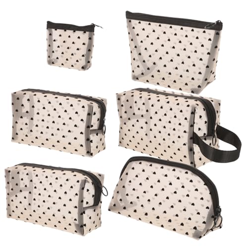 Beaupretty Kleine Kosmetiktasche mit Herzmotiv Tragbare Make Up Tasche mit Reißverschluss Transparentes Netzdesign für Reisen Organizer für Lippenstifte und 6 Stück für Damen von Beaupretty