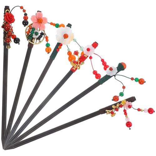Beaupretty 6 Stück Teiliges Haarstäbchen Holz mit Blumen und Quaste Vintage Haarnadeln für Hochsteckfrisuren Elegante Chinesische Haarstäbchen für Damen Einfaches Styling und Geschenkidee von Beaupretty