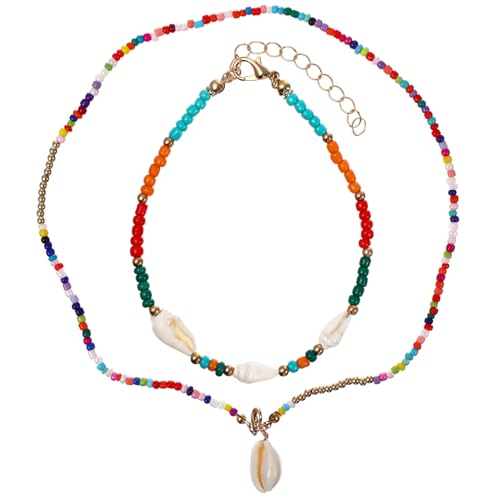 Beaupretty Boho Perlenkette und Armband Set mit Muschel Anhänger Handgefertigter Minimalistischer Schmuck für Damen und Mädchen Farbenfrohe Beads Langlebig und Sommerlich zum Layering und von Beaupretty