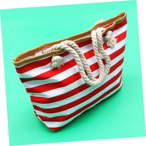 Beaupretty Canvas Schultertasche Damen mit Reißverschluss Leichte Gestreifte Umhängetasche für Strand Einkauf und Alltag Tragbare Rote Shopping Tasche mit Modischem Streifenmuster von Beaupretty