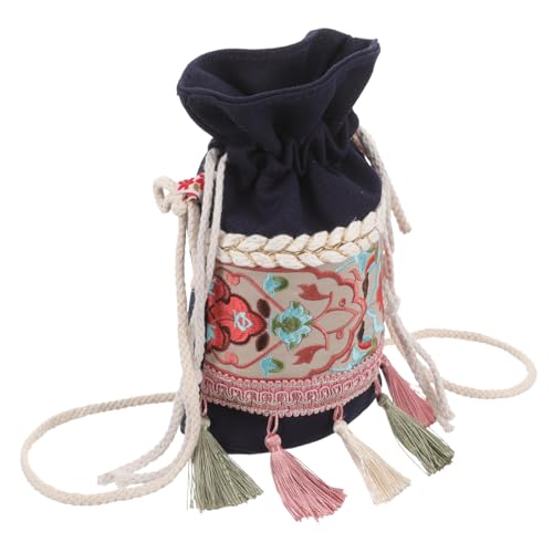 Beaupretty Canvas Umhängetasche Damen mit Blumendekor Leichte Schultertasche mit Quasten Mittelgroße Crossbody Bag für Alltag Shopping und Reisen Langlebige Beuteltasche im Boho stil Blau von Beaupretty