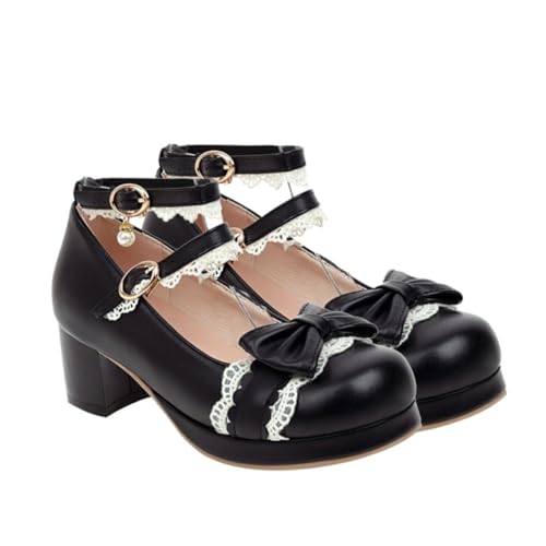 Beaupretty Chunky Heel Lederschuhe Damen Rundzehen Shallow Mouth Schuhe mit Schleife Elegant Komfortabel für Alltag und Party von Beaupretty