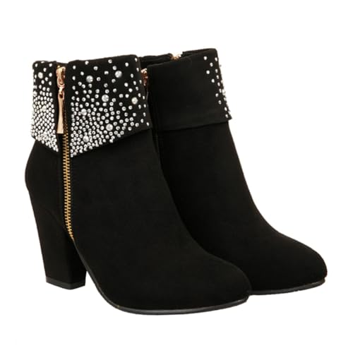 Beaupretty Damen Ankle Booties mit Dickem Absatz Braut Kurzstiefel aus Schwarzem Material Bequeme Wedges Stiefeletten für Herbst und Winter für Hochzeit und Festliche Anlässe von Beaupretty