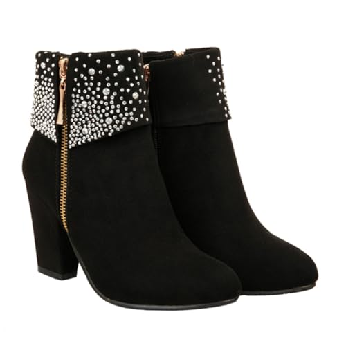 Beaupretty Damen Ankle Boots mit Dickem Absatz und Funkelnden Strasssteinen Kurze Herbst Winter Stiefeletten Bequeme Hochzeitsschuhe Vielseitig für Party Arbeit Festliche Anlässe Schwarz von Beaupretty