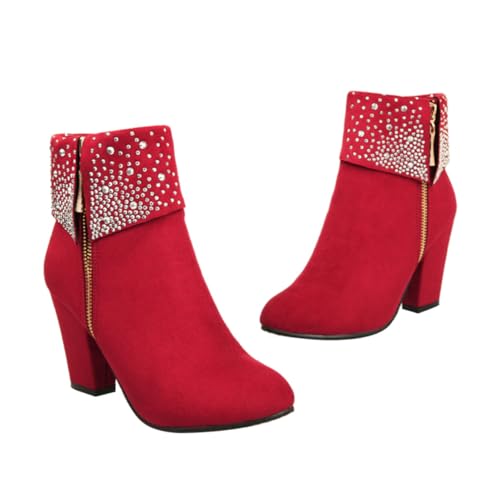 Beaupretty Damen Braut Stiefeletten mit Dickem Absatz und Strass Rote Kurzstiefel für Herbst Winter Pumps mit Plateau Sohle Bequeme Wedges für Hochzeit und Besondere Anlässe von Beaupretty