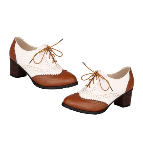 Beaupretty Damen Brogue Schnürschuhe mit Stabilem Chunky Absatz Rutschfestes Langlebiges Material Eleganter Vintage Stil All Season Geeignet Modische Damenschuhe für Alltag und Büro von Beaupretty