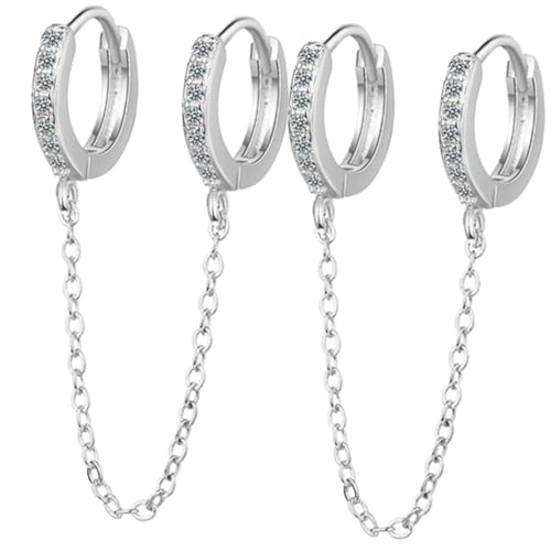 Beaupretty Damen Creolen Ohrhänger mit Zirkonia Doppelte Piercing Kette Hautfreundlich Glatte Kanten Modischer Schmuck für Alltag und Party Silberfarben von Beaupretty
