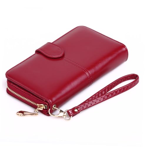 Beaupretty Damen Geldbörse Ölwachshaut mit Reißverschluss und Druckknopf PU Handtasche für Damen Großer Kartenhalter Sicherer Münzbeutel für Büro Party Outdoor Gebrauch von Beaupretty
