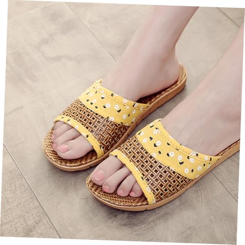 Beaupretty Damen Hausschuhe Gelb mit Dicker Sohle Bedruckte Offene Zehen Atmungsaktive Leinen slipper für Drinnen und Draußen Rutschfest Modische Sommerschuhe von Beaupretty