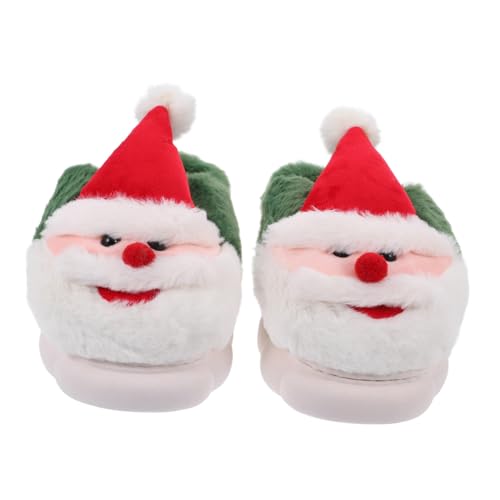 Beaupretty Damen Hausschuhe mit Weihnachtsmann Motiv Dicke Sohle Rutschfest Flauschige Winterpantoffeln Waschbare Kuschelslipper für Kalte Tage Gemütliche Grüne Baumwoll Hausschuhe von Beaupretty