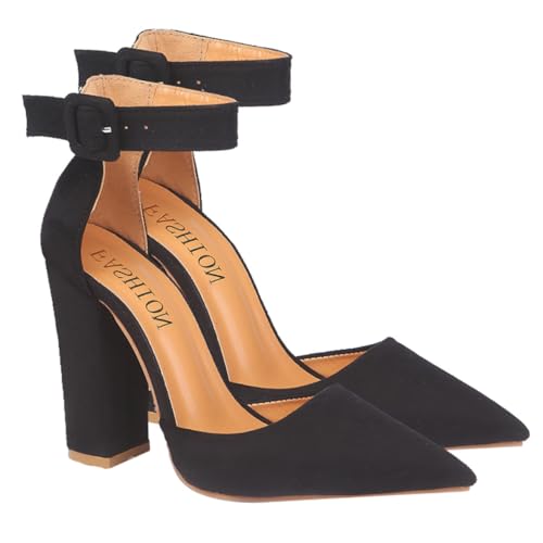 Beaupretty Damen High Heel Pumps mit Grobem Absatz und Spitzem Zehenbereich Verstellbarem Schnallenriemen Rutschfester Sohle Modisch für Besondere Anlässe und Alltagsschick Schwarz von Beaupretty