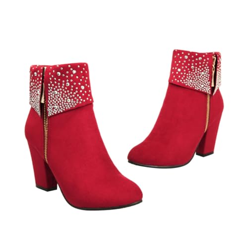 Beaupretty Damen Hochabsatz Stiefeletten mit funkelndem Detail Winter Hochzeitsschuhe mit Dicker Sohle Rote Brautschuhe für Festliche Anlässe und Partys von Beaupretty