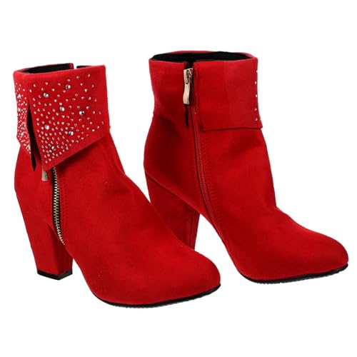 Beaupretty Damen Kurzstiefel mit Absatz und Strassbesatz Rote Winter Booties Langlebig und Leicht Chic für Hochzeit und Alltag Hochwertiges PU und Gummi und Modisch von Beaupretty