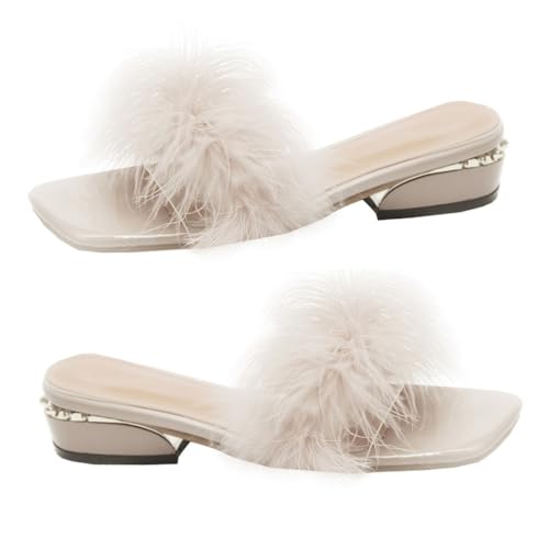 Beaupretty Damen Open toe Pantoletten Sommer Hausschuhe mit Chunky Heel Atmungsaktive Bequeme Sandalen für Strand und Alltag PU und Gummi Beige Modische Slipper von Beaupretty