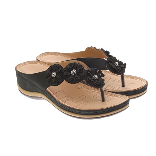 Beaupretty Damen PU Sandalen Blumenmuster Sommer Strand Sandaletten Keilabsatz Komfortabel Rutschfest Schwarz von Beaupretty