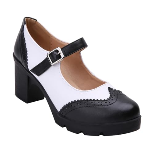 Beaupretty Damen Plateau Mid Heel Schuhe Britischer Stil Runder Zeh Schnallenabsatz Elegante Schwarz Weiß Modische Damenschuhe für Alltag und Party von Beaupretty