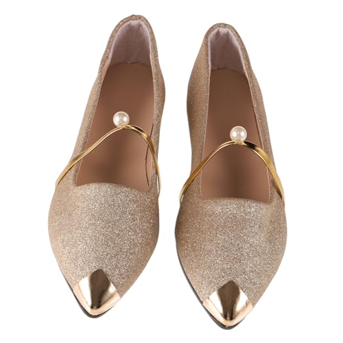 Beaupretty Damen Pointy Flats mit Perlenbesatz rutschfeste Flache Single Schuhe Leichte Sommer Pumps für Arbeit Party Hochzeit und Alltag Bequemes Design Goldfarben von Beaupretty