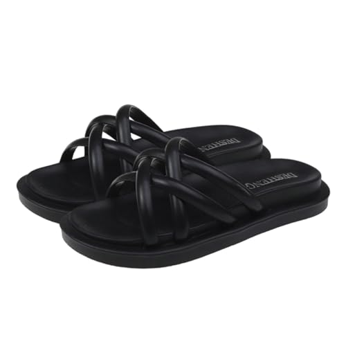 Beaupretty Damen Sandalen Flach PU Obermaterial Atmungsaktiv Rutschfest Sommerliche Strand Schuhe Modisch Komfortabel Schwarz von Beaupretty