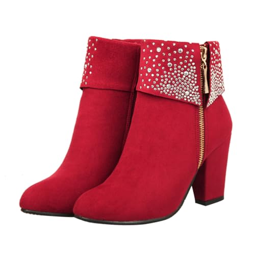 Beaupretty Damen Stiefeletten Herbst Winter Kurzstiefel mit Absatz und Strass Brautschuh Bequeme Ankle Boots für Hochzeit und Festliche Anlässe Rot von Beaupretty