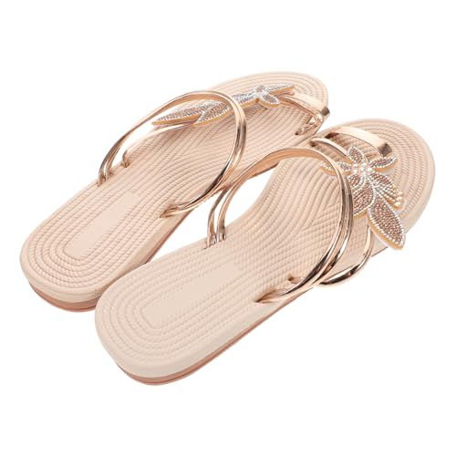 Beaupretty Damen Zehenring Sandalen mit Boho Ahornblatt Design Rutschfeste Weiche Sommerschuhe Flache Strandslipper Angenehm für Freizeit Reisen und Alltag in Gold von Beaupretty