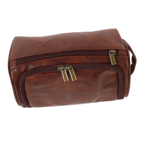 Beaupretty Große Kosmetiktasche PU Leder Reise Make Up Tasche für Mädchen Multifunktionale Aufbewahrung mit Reißverschluss Großer Kapazität Rote Braune Kulturtasche von Beaupretty