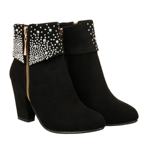 Beaupretty Herbst Winter Damen Stiefeletten mit Grobem Absatz und Funkelnden Strasssteinen Kurze Boots für Hochzeit Party und Alltag Chic und Schwarz von Beaupretty