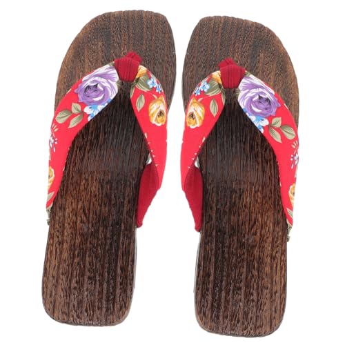Beaupretty Japanische Holzclogs Damen Hausschuhe mit Atmungsaktivem Fußbett Bequeme Sandalen für Zuhause und Outdoor Pantoletten mit Traditionellem Design Rot Blumig von Beaupretty