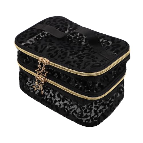Beaupretty Kosmetiktasche Damen mit Doppeltem Fächersystem Leicht zu Reinigen Vielseitiger Makeup Organizer für Reisen und Alltag Schwarz Leopardenmuster Stilvoller Kulturbeutel mit Mehreren von Beaupretty