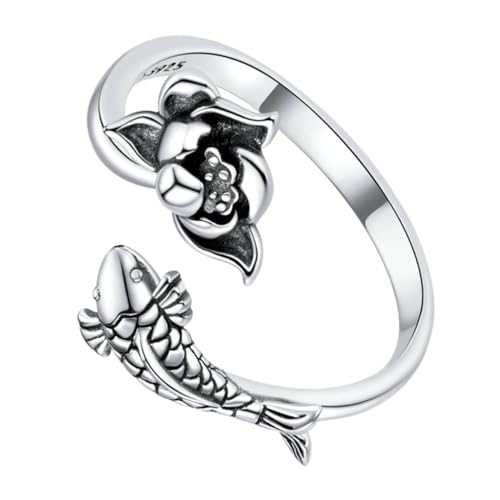 Beaupretty Offener Lotusring für Frauen Verstellbarer Ring Silber Einzigartiges Fisch Design für Besondere Anlässe Vielseitig Tragbar von Beaupretty