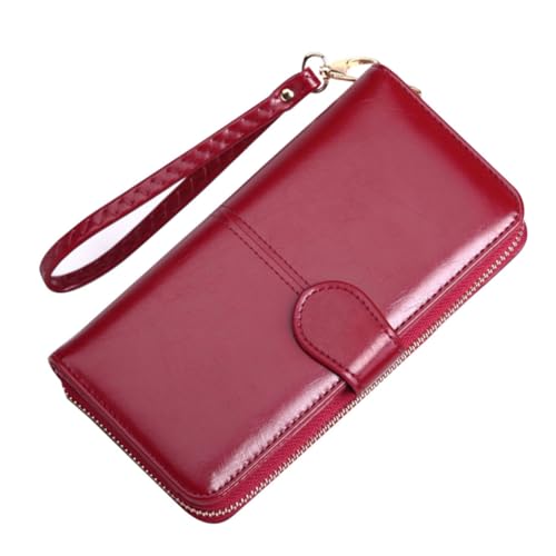 Beaupretty Langes Damenportemonnaie aus PU mit Reißverschluss und Druckknopf Geräumige Handytasche Schnappbares Portemonnaie Tragbare Geldbörse in Weinrot mit Handschlaufe für Alltag Schule von Beaupretty