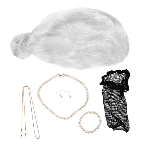 Beaupretty Old Lady Costume Perücke Set Dutt Seniorin Perücke Für Frauen Verstellbar Leicht Atmungsaktiv Mit Brillenkette Armband Halskette Ohrringe Für Halloween Theater Karneval von Beaupretty