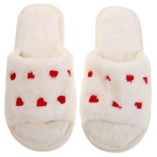Beaupretty Plüsch Hausschuhe Damen Weiß Flache Offene Zehen Pantoletten mit Rutschfester Gummisohle Weiche Warme Slipper mit Herzdekor Bequeme Indoor Sandalen Vielseitig für Zuhause und von Beaupretty