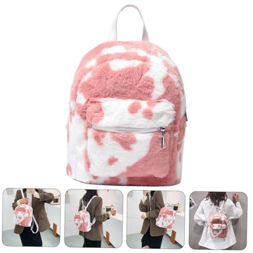 Beaupretty Plüsch Rucksack Damen Mini Rucksack mit Kuhmuster für Mädchen und Frauen Vielseitiger Alltag Camping und Shopping Rosa von Beaupretty