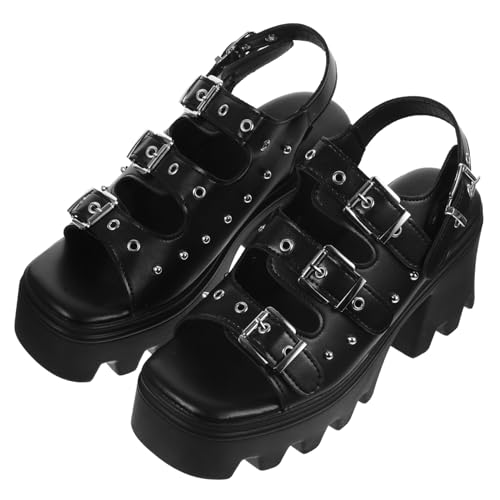 Beaupretty Roman Sandalen Damen mit Chunky Absatz Rutschfeste Sohle Bequeme Plattform Modische Grobe Ferse Schwarzer Style für Party und Alltag Stilvolle Römische Schuhe von Beaupretty