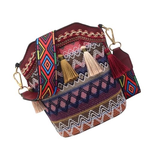 Beaupretty Rote Bohemia Bucket Bag Damen Umhängetasche mit Gewebten Details und Quasten Vielseitige Schultertasche für Alltag Shopping Party Langlebiges Pu material Modischer Ethno stil von Beaupretty