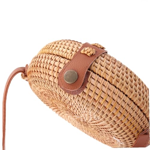 Beaupretty Runde Handgewebte Rattan Umhängetasche Damen Kleine Crossbody Bag Leichte Strohtasche für Strand Reisen Alltag Elegante Mini Schultertasche von Beaupretty