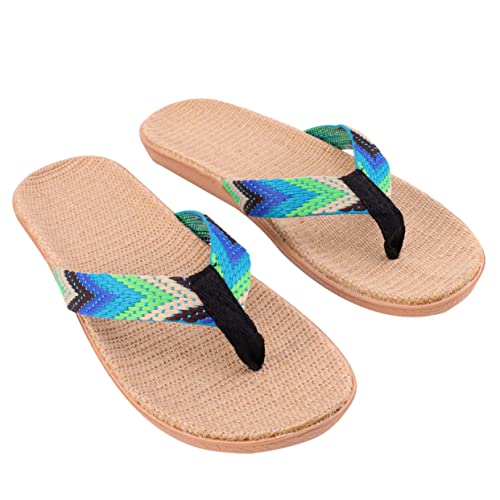 Beaupretty Rutschfeste Hausschuhe Flip Flops aus Leinengewebe Flache Sandalen mit Komfortablem Fußbett Leichte Freizeitstrandschuhe für Damen und Herren Blau Grün von Beaupretty