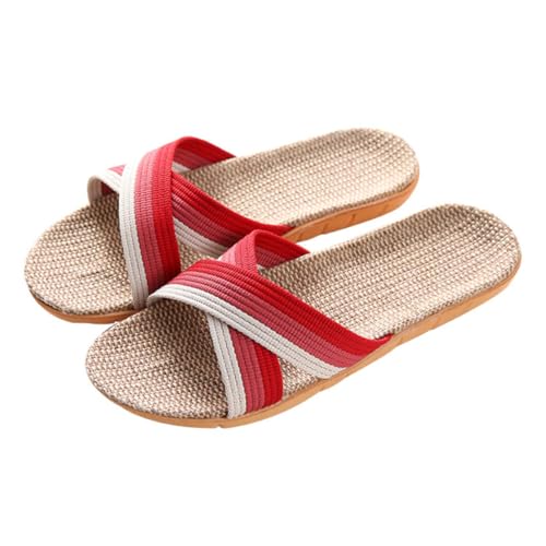 Beaupretty Rutschfeste Leinen Hausschuhe Damen Sommerliche Indoor Slippers mit Kreuzband Design Atmungsaktiv Leicht Anzuziehen Komfortable Home Simple Slippers in Rot von Beaupretty
