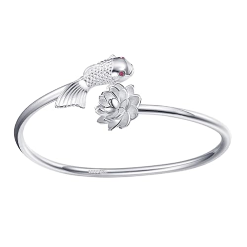 Beaupretty Silberner Offener Armreif für Mädchen mit Karpfen Lotus Modisches Armband Glücksbringer Einfach zu Tragen Glatte Oberfläche Eleganter Armschmuck für Damen von Beaupretty