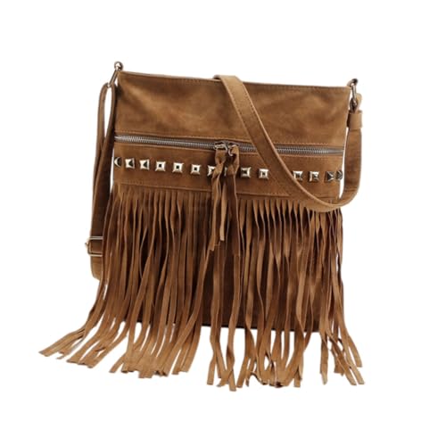 Beaupretty Velours Umhängetasche Damen mit Verstellbarem Schulterriemen Modische Quasten Nieten Damentasche Vielseitig Tragbar als Single Shoulder Bag Langlebiges Samtmaterial in Kamel von Beaupretty