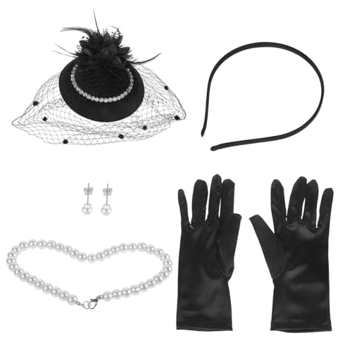 Beaupretty Vintage Fascinator Set Damen mit Perlen Tea Party Hut Kunstperlen Schmuck Handschuhe Accessoire für Flapper Kostüm und Themenparty von Beaupretty