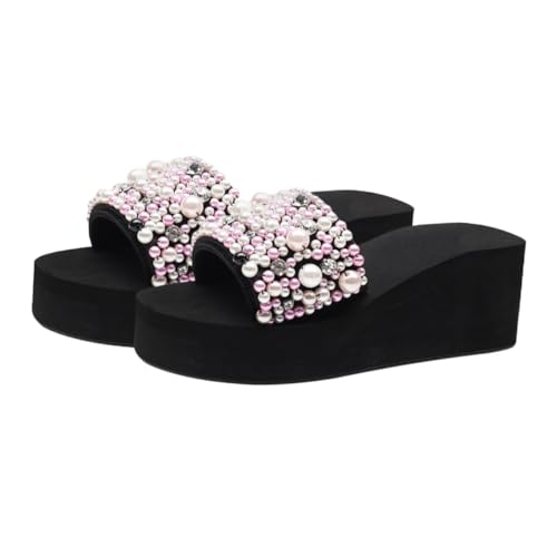 Beaupretty Wedgesandalen Damen Keilabsatz Sommer Pantoletten mit Rutschfester Sohle und Modischem Perlen design Bequeme Sandalen für Strand Freizeit und Alltag von Beaupretty