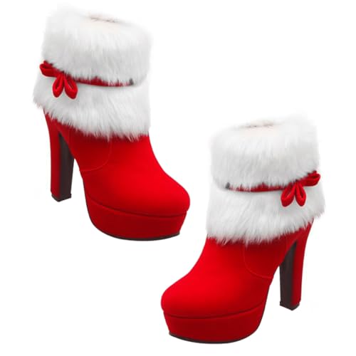Beaupretty Weihnachtliche Damen Kurzstiefel mit Plüsch Schleifenverzierung Winterliche Knöchelstiefel Rutschfeste Gummisohle Eleganter High Heel Warm Gefüttert für Festliche Anlässe von Beaupretty
