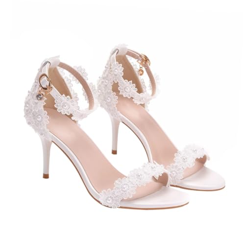 Beaupretty Weiße Brautsandalen mit Spitzem Zeh Feinem Absatz und Spitzenbesatz Komfortable PU Sohle Stabile High Heels für Hochzeit Party und Festliche Anlässe von Beaupretty