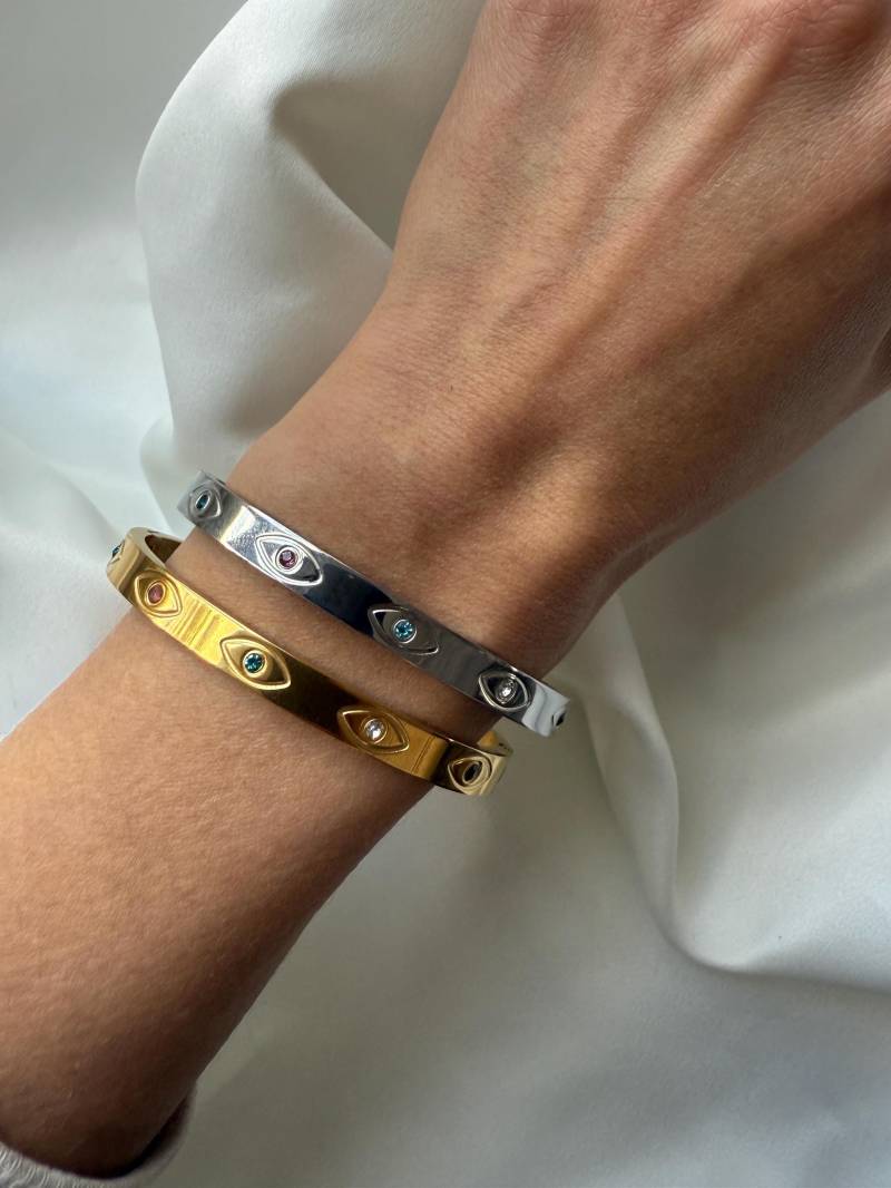 Evil Eye Armreif, Gold Edelstahl Zirkon Zierliche Verstellbare Stapelbare Armband, Schutz Amulett Schmuck Geschenk Für Er von BeausancyBoutique