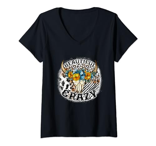Damen Wunderschöner Bullenschädel Blume Crazy Cow Skull Leopard Print T-Shirt mit V-Ausschnitt Damen Wunderschöner Bullenschädel Blume Crazy Cow Skull Leopard Print T-Shirt mit V-Ausschnitt von Beautiful Bull Skull Flower Crazy Cow Skull