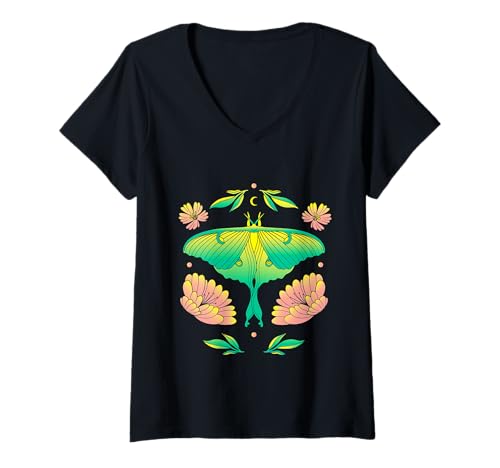 Damen Pastel Luna Motte Wunderschöner Schmetterling und Blumen Cottagecore T-Shirt mit V-Ausschnitt von Beautiful Butterfly & Flowers Pastel Luna Moth