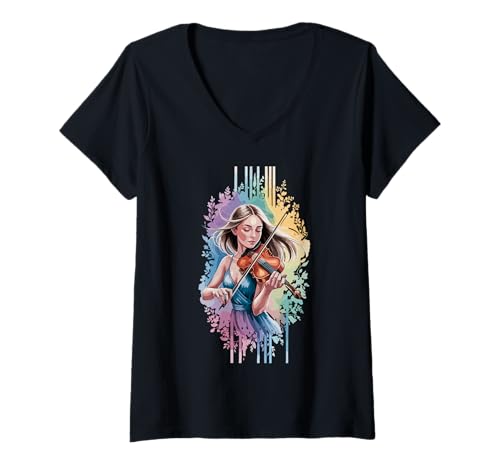 Damen Eleganter Violinist mit floralem Hintergrund T-Shirt mit V-Ausschnitt Damen Eleganter Violinist mit floralem Hintergrund T-Shirt mit V-Ausschnitt von Beautiful Violinist Music Art Design