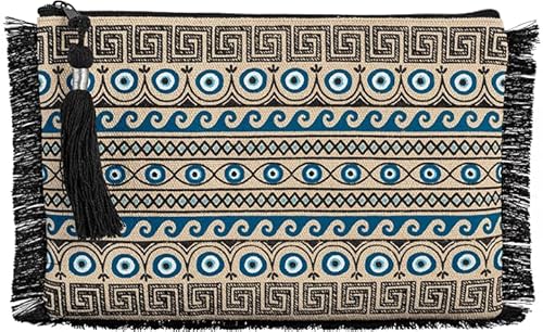 Evil Eye kleine Clutch-Tasche aus Segeltuch, handgefertigt, Strandtasche, Mäander-Wellen-Reißverschluss, Geschenktasche mit Quaste, 21,6 cm Evil Eye kleine Clutch-Tasche aus Segeltuch, handgefertigt, Strandtasche, Mäander-Wellen-Reißverschluss, Geschenktasche mit Quaste, 21,6 cm von BeautifulGreekStatues